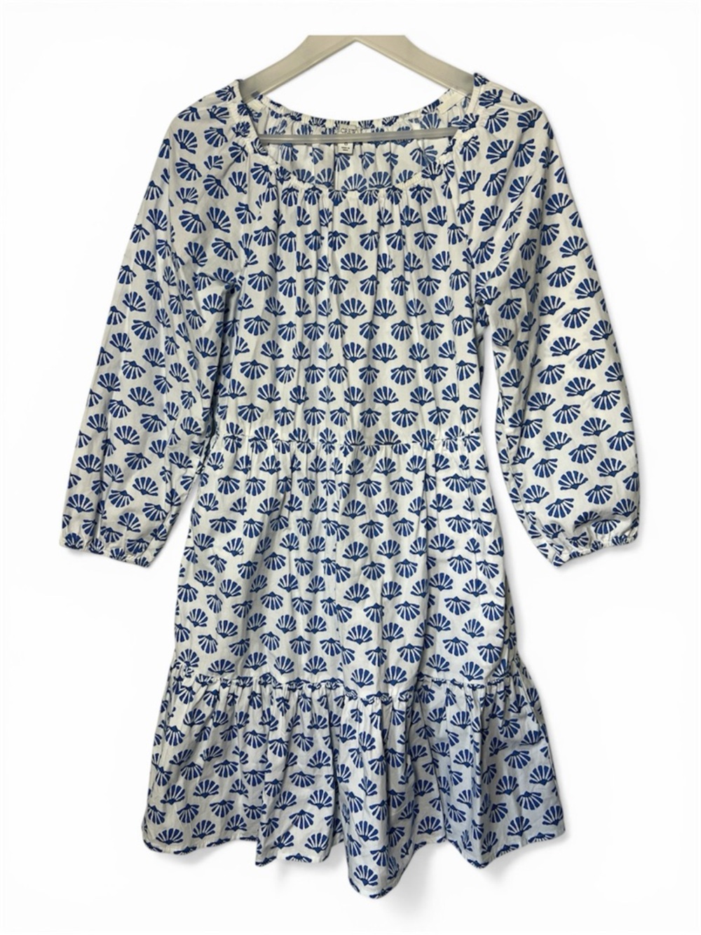 J. Crew Cotton Ruffle Mini Dress Blue Shell Print 2023 Summer Coastal Preppy